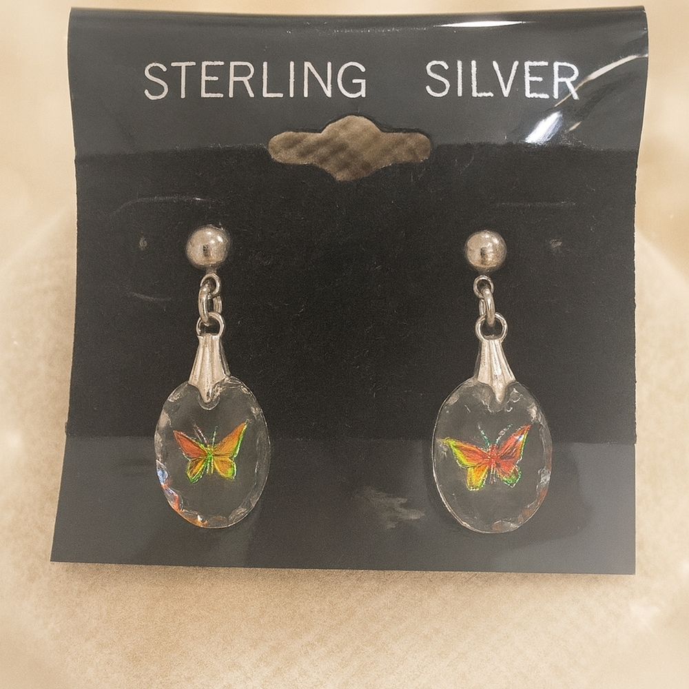 🦋 Vintage Sterling Silver Reverse-Carved Butterfly Earrings